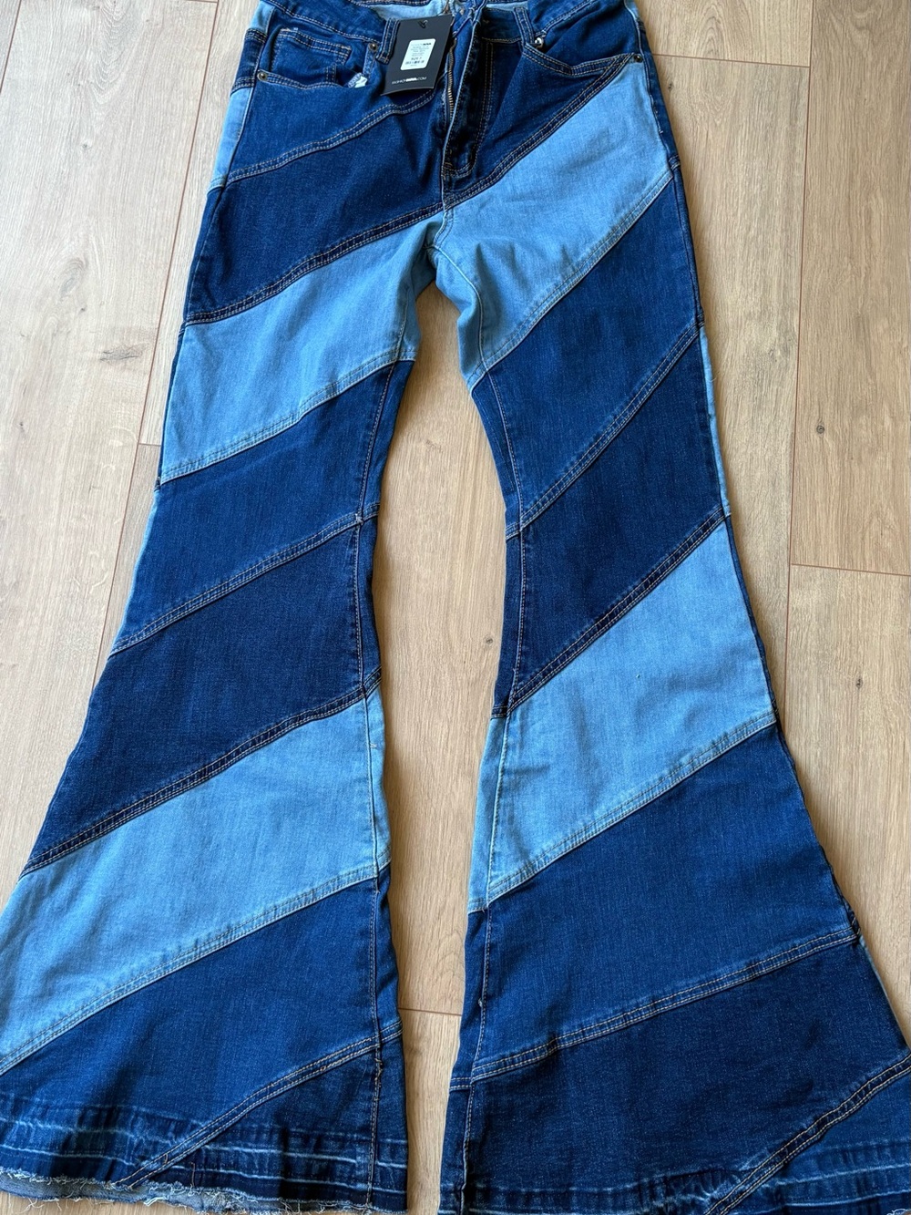 Fashion Nova Two-Tone Blue Patchwork Flare Jeans